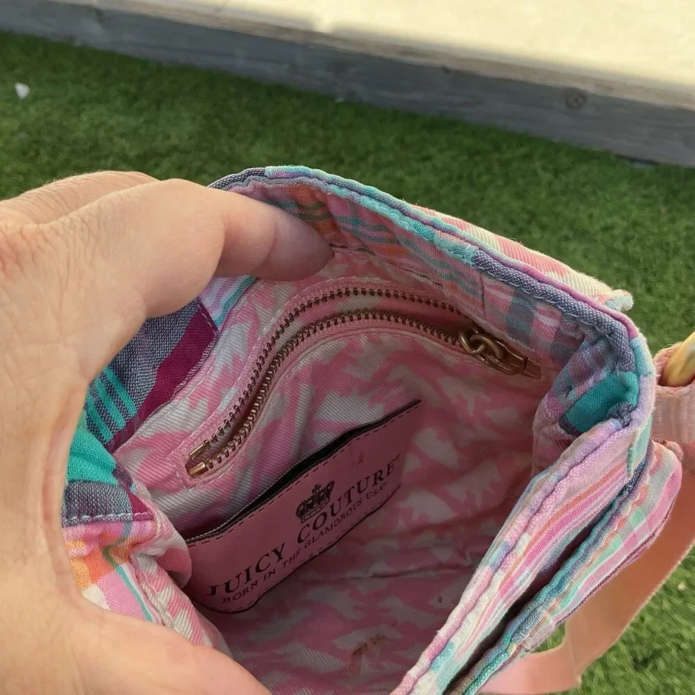 Juicy Couture Y2K Plaid Mini Crossbody Bag Pink Crown Patchwork Shoulder Purse - Picture 5 of 6